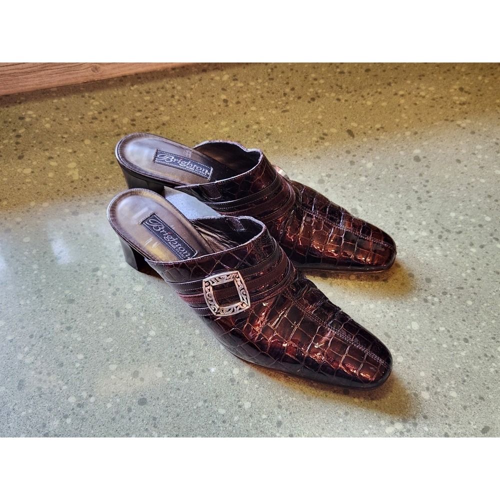 Brighton Chocolate Brown Crocodile Embossed Leather Tudor Mules 8.5, SEE PICS